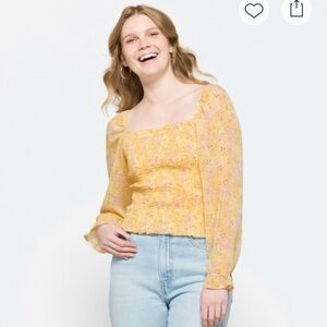 Lush Yellow Smocked Puff Sleeve Floral Blouse